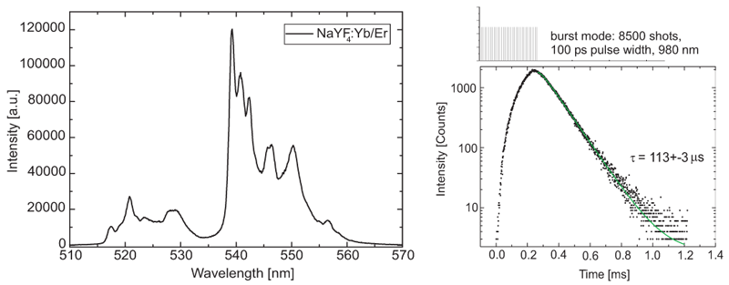 Steady state and time-resolved emissions of NaYF4:Yb/Er particles showing upconversion
