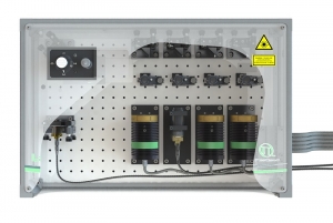 LCU with 3 laser heads and fibre adapter, top view | Laser Combining Unit (LCU)