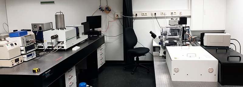 Single- and multi-photon excitation of newly developed (photo)functional compounds and time-resolved spectral imaging of their fluorescence by coupling microscope and spectrometer