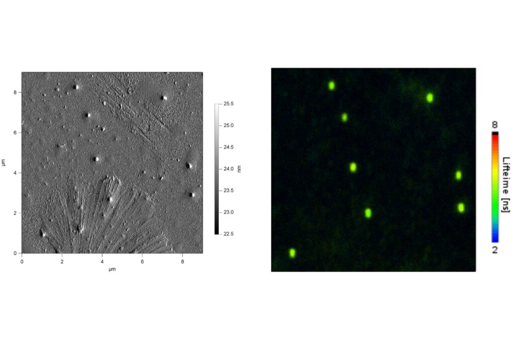 Side-by-side AFM topography and fluorescence lifetime image of 100 nm fluorescent beads on glass, showing structural features in AFM and selective fluorescence contrast in FLIM.