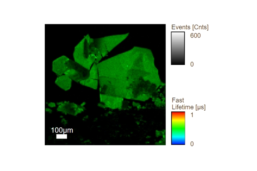 FLIM image of RuBiPy crystals showing luminescence lifetime distribution