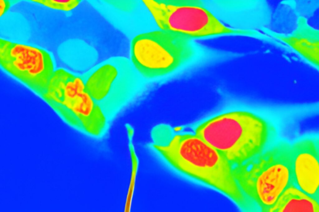 Fluorescence lifetime image of MDCK cells loaded with Oregon Green BAPTA-1 showing lifetime changes after ATP stimulation