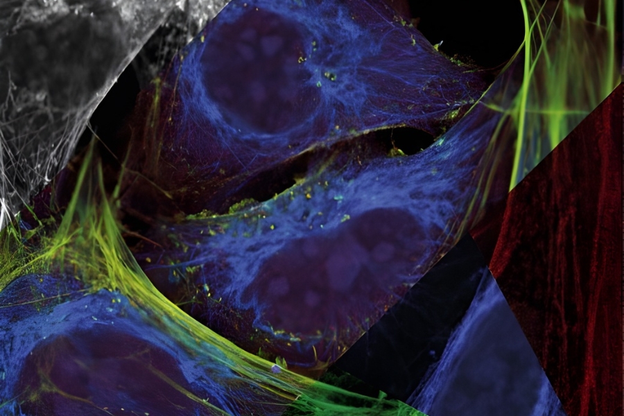 Fixed cells labeled with three spectrally similar fluorophores imaged in a single detection channel. Lifetime analysis enables separation of components based on distinct decay signatures.