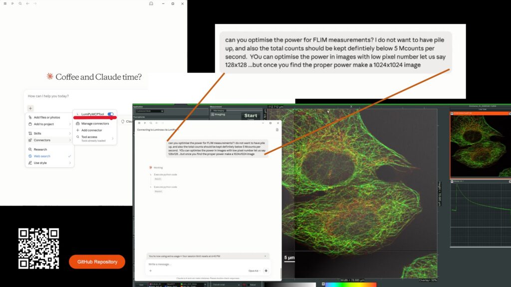 LumiPy connects Luminosa with Python-based workflow development, enabling LLM-assisted steps such as acquisition parameter optimization and structured experiment documentation.