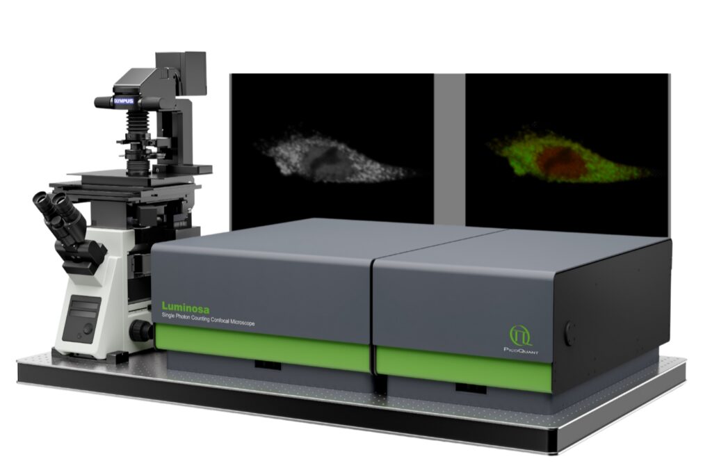 Luminosa single photon counting confocal microscope with illustrative FLIM-FRET donor intensity and lifetime maps showing localization-dependent protein binding in cells.