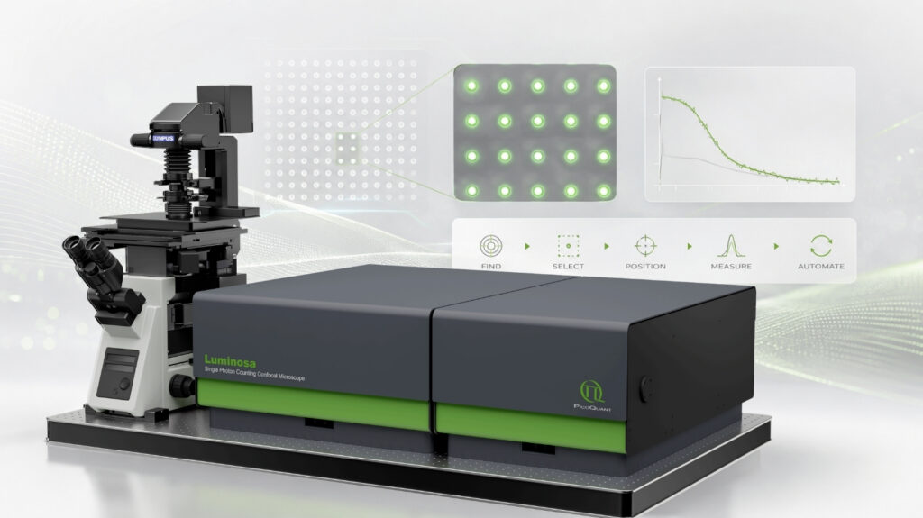 Luminosa connects ZMW imaging, positioning, and quantitative FCS within one microscopy system, with programmable access through the LumiPy Python interface.