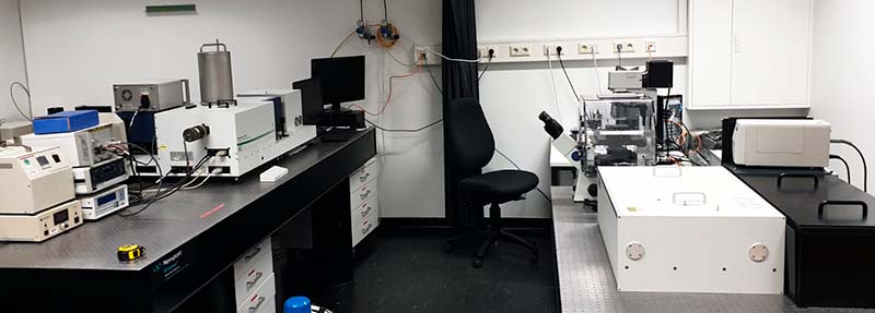 Customized MicroTime 200 setup coupled to a MAI TAI multiphoton laser, Andor spectrograph, and FluoTime 300 spectrometer for synchronized spectral and time-resolved photoluminescence measurements.