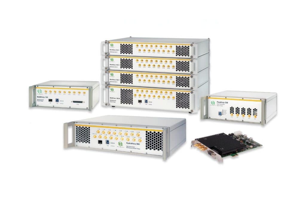 Overview image of PicoQuant Time Tagging and TCSPC units including HydraHarp 500, MultiHarp 150/160, PicoHarp 330, and TimeHarp 260.