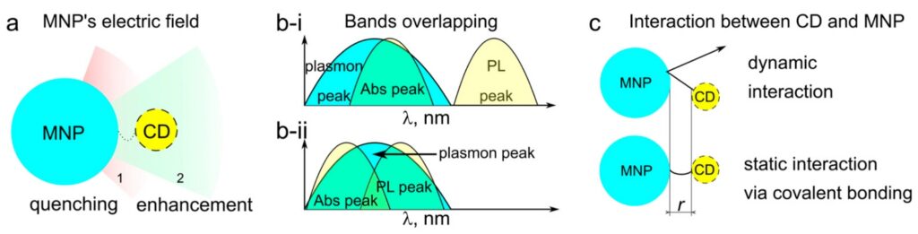 Schematic representation of distance-dependent emission quenching and enhancement in carbon dot–metal nanoparticle complexes.