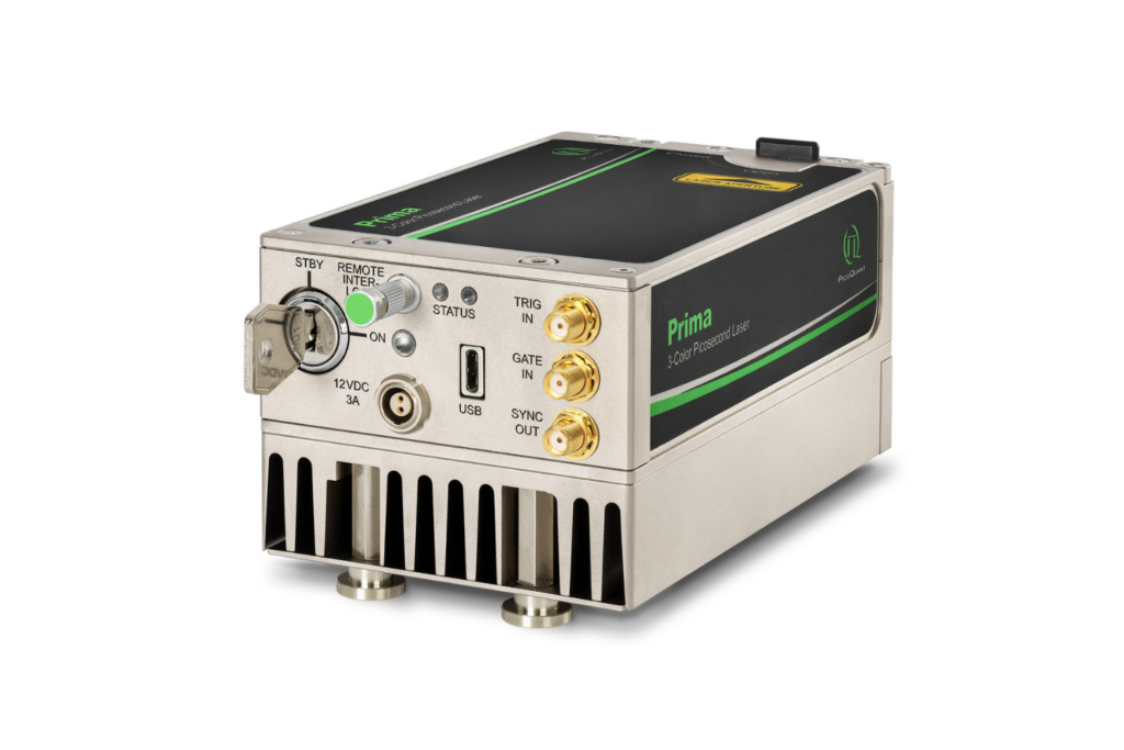 Prima 3-color picosecond laser from PicoQuant with trigger, gate, and sync interfaces for time-resolved spectroscopy and microscopy.