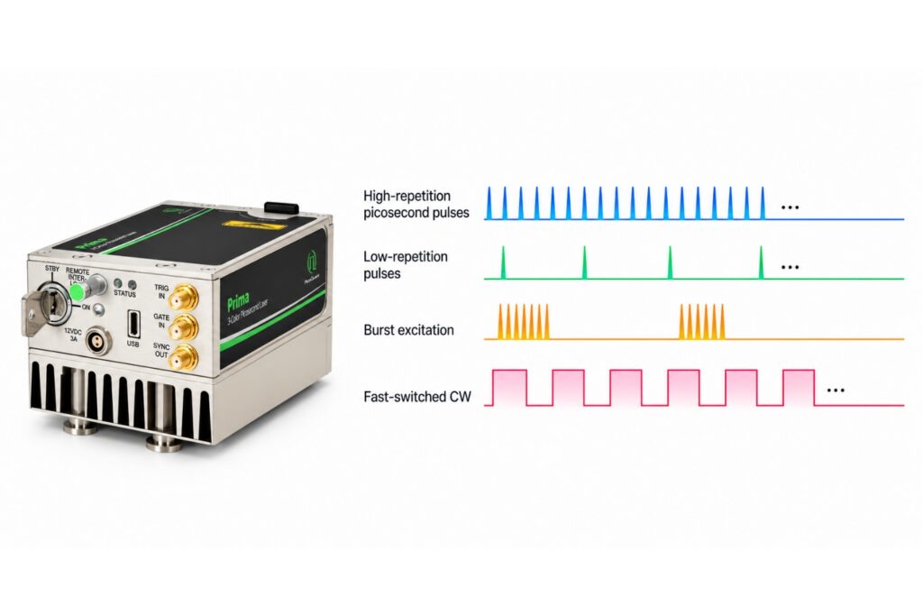 Prima supports flexible excitation timing across different photophysical timescales, from high- and low-repetition picosecond pulses to burst excitation and fast-switched CW operation.