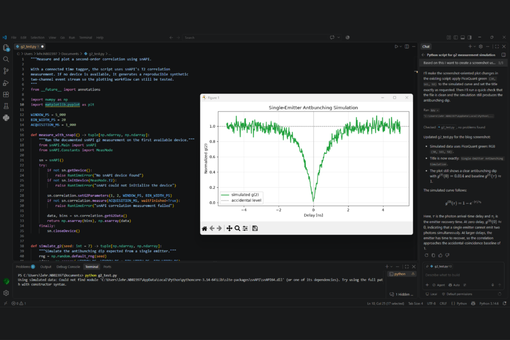 Vibe coding with snAPI RAG: Using snAPI-specific context, GitHub Copilot (chat on the right) generates and refines Python code for a simulated g² measurement directly in VS Code.