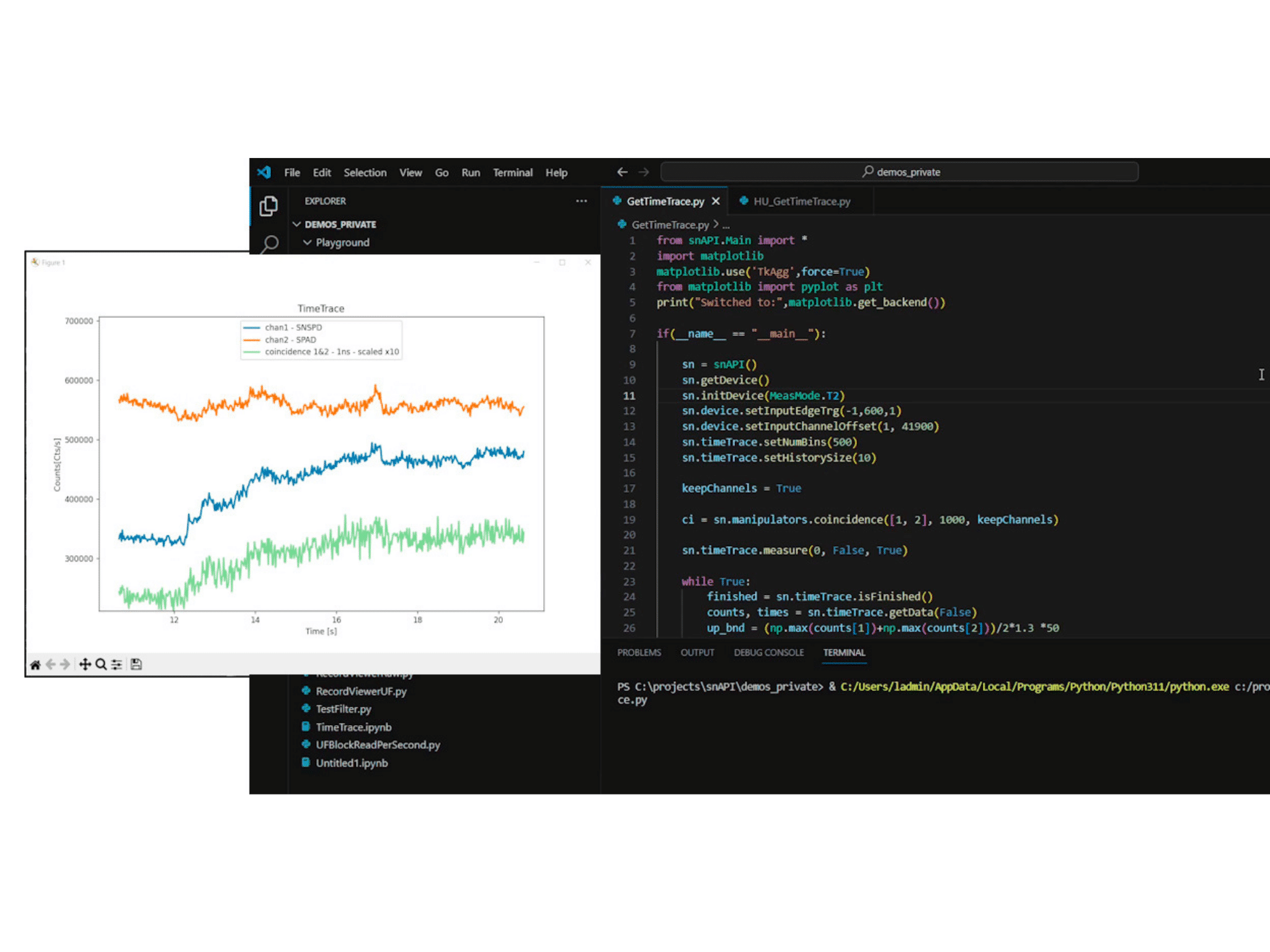 Python code and TimeTrace plot demonstrating coincidence photon detection using snAPI