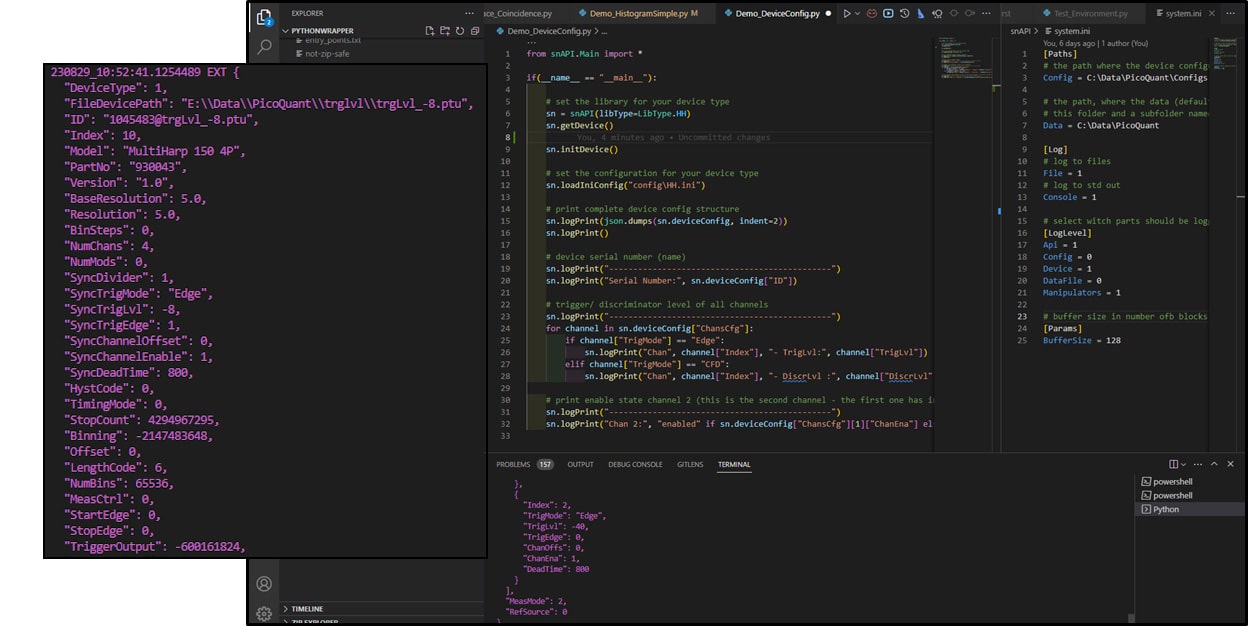 Python code displaying TCSPC device configuration parameters accessed through snAPI