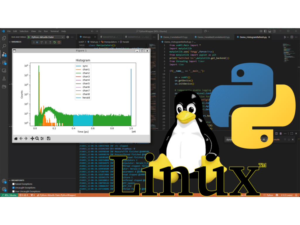 Python snAPI workflow on Linux showing TCSPC histogram acquisition and analysis