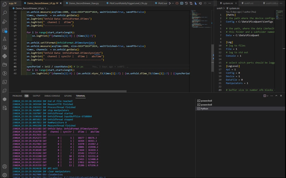 Python code output showing unfolded photon timing and synchronization data using snAPI