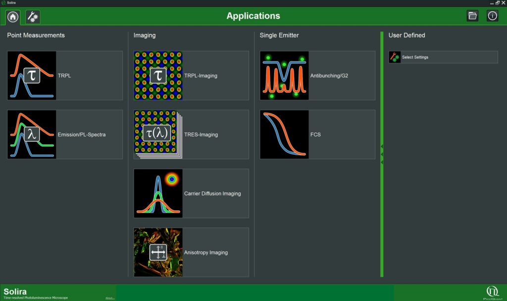Screenshot of Solira software showing measurement modes including TRPL, imaging, carrier diffusion mapping, and single-emitter correlation workflows.
