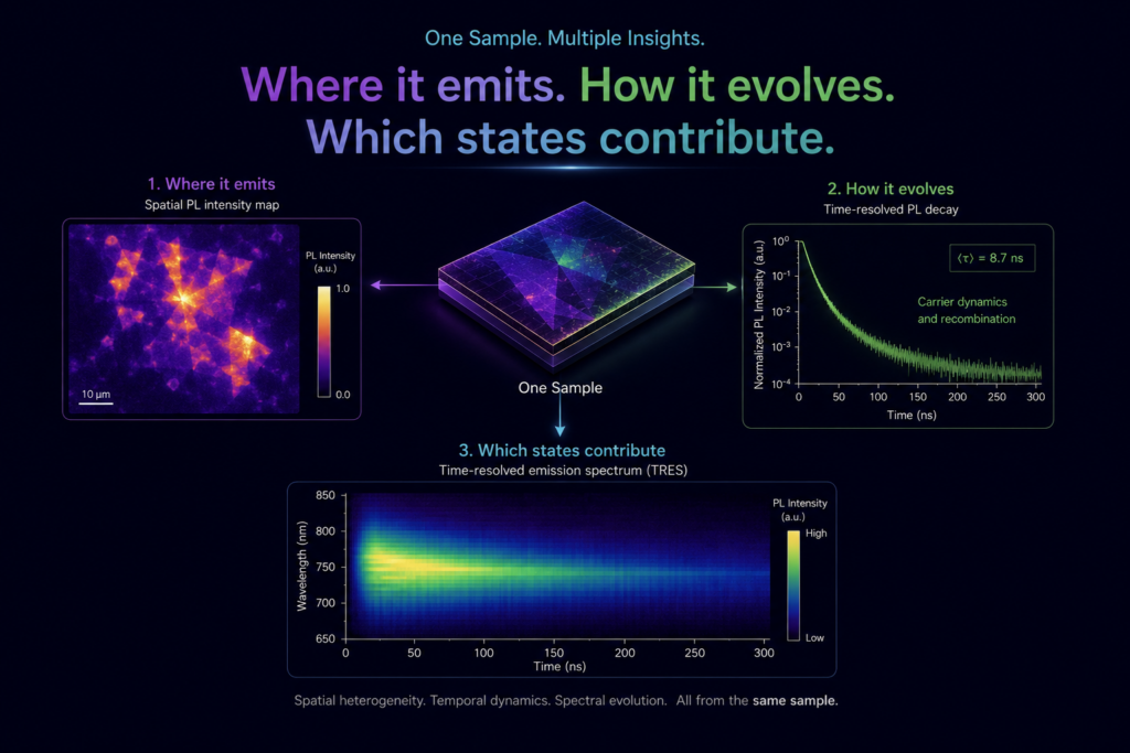 Spatially, temporally, and spectrally resolved photoluminescence measurements provide complementary views of the same sample, linking where emission occurs, how it evolves over time, and which spectral components contribute.