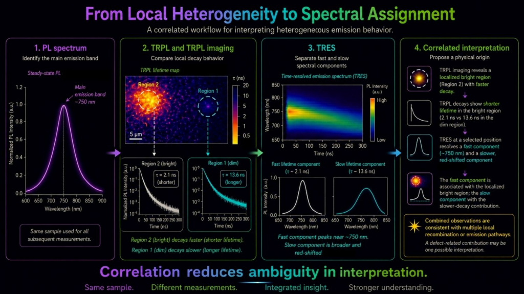Schematic workflow showing how steady-state PL, TRPL and TRPL imaging, and TRES can be combined to correlate spectral, temporal, and spatial information for a more informed interpretation of material behavior.