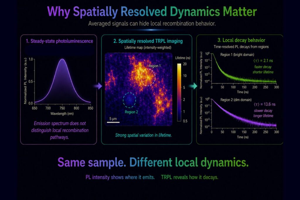 Spatially averaged PL measurements can appear unremarkable, while spatially resolved TRPL imaging reveals local lifetime variations and distinct decay behavior across the same sample.