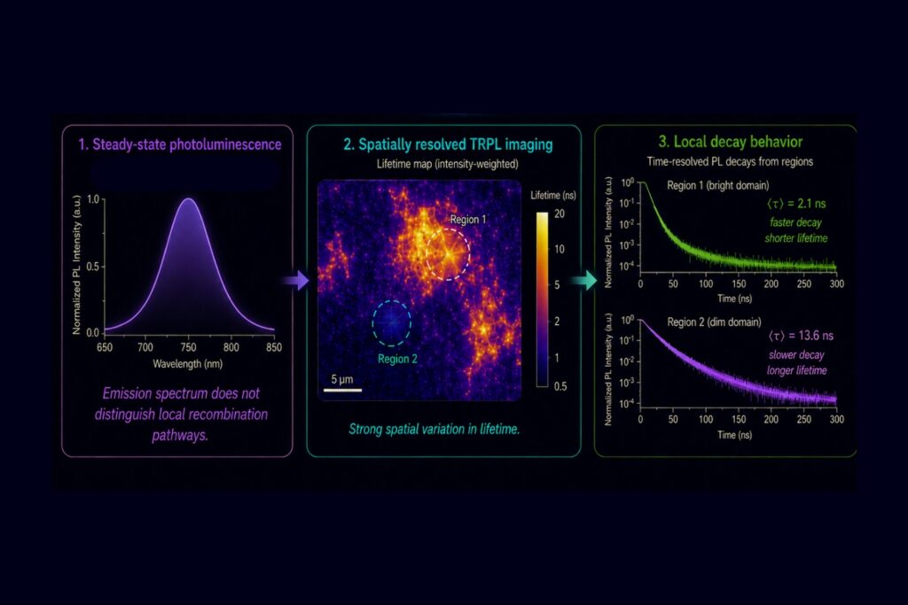 Spatially resolved TRPL imaging combines an averaged PL view with local lifetime mapping and decay analysis to reveal heterogeneous recombination behavior across a sample.