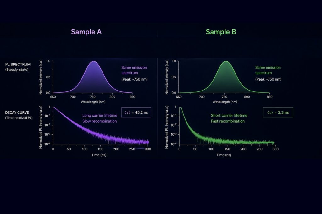 Two materials can exhibit nearly identical steady-state photoluminescence spectra while showing fundamentally different carrier lifetimes and recombination dynamics. Time-resolved photoluminescence reveals physical processes that remain hidden in steady-state measurements.