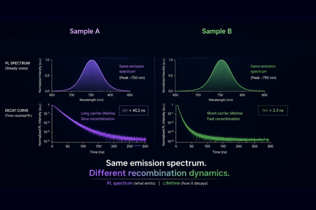 Two materials can exhibit nearly identical steady-state photoluminescence spectra while showing fundamentally different carrier lifetimes and recombination dynamics. Time-resolved photoluminescence reveals physical processes that remain hidden in steady-state measurements.