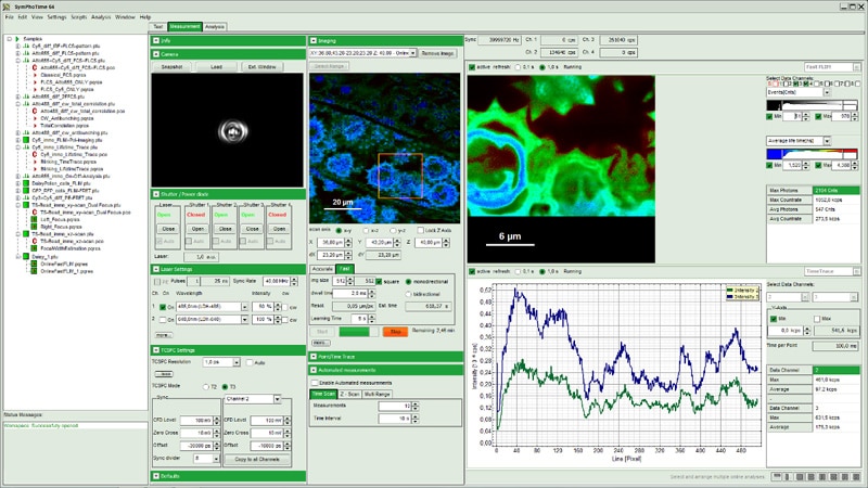 Software interface showing real-time imaging and signal traces