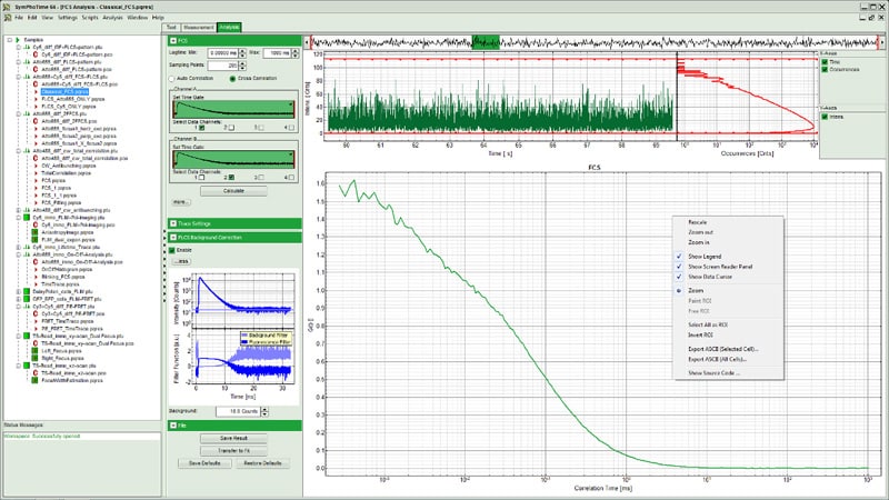 FCS correlation curve with time trace and histogram panels