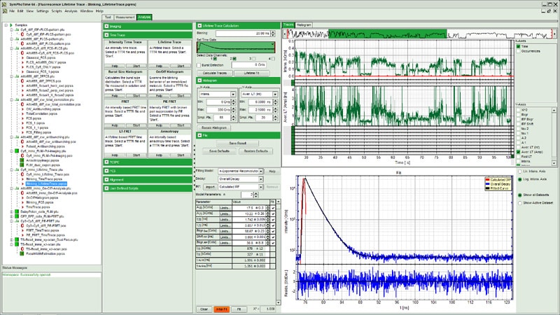 Fluorescence time trace with decay fit and residual plot