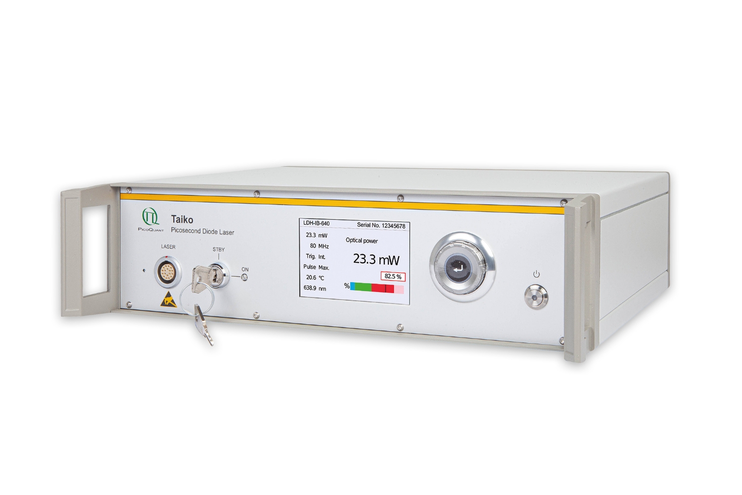 Front view of the Taiko PDL M1 high-end picosecond diode laser driver with LCD display and control interface.