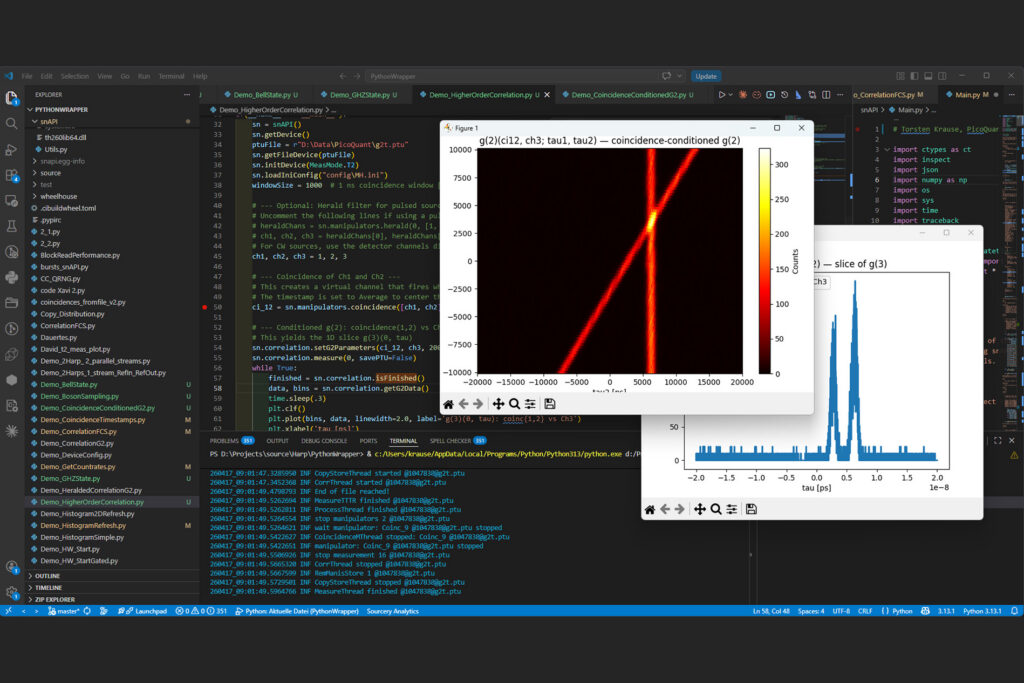 Screenshot from snAPI workflow demonstrating a coincidence-conditional g(2) measurement as an approximate to a full g(3) measurement, visualised both as 2D and sliced 1D histogram.