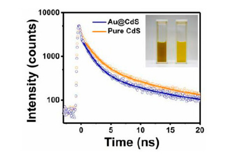 Time-resolved photoluminescence decay curves comparing CdS and gold-CdS nanocrystals showing enhanced interfacial charge transfer dynamics.