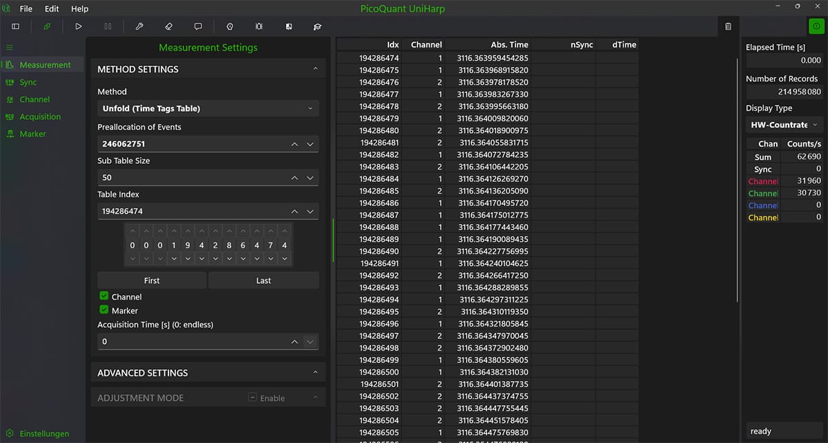 UniHarp Unfold view displaying raw photon time tags for high-resolution timing analysis and custom post-processing workflows.